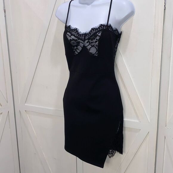Blanc Black Lace Adjustible Spaghetti Strap Bodycon Dress Size S/M - Picture 1 of 13